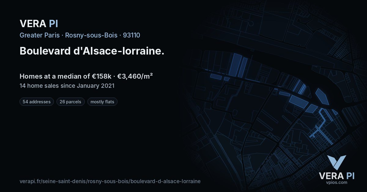Boulevard d'Alsace-lorraine, Rosny-sous-Bois at night – every parcel coloured by the prices around it, the street's own parcels lit