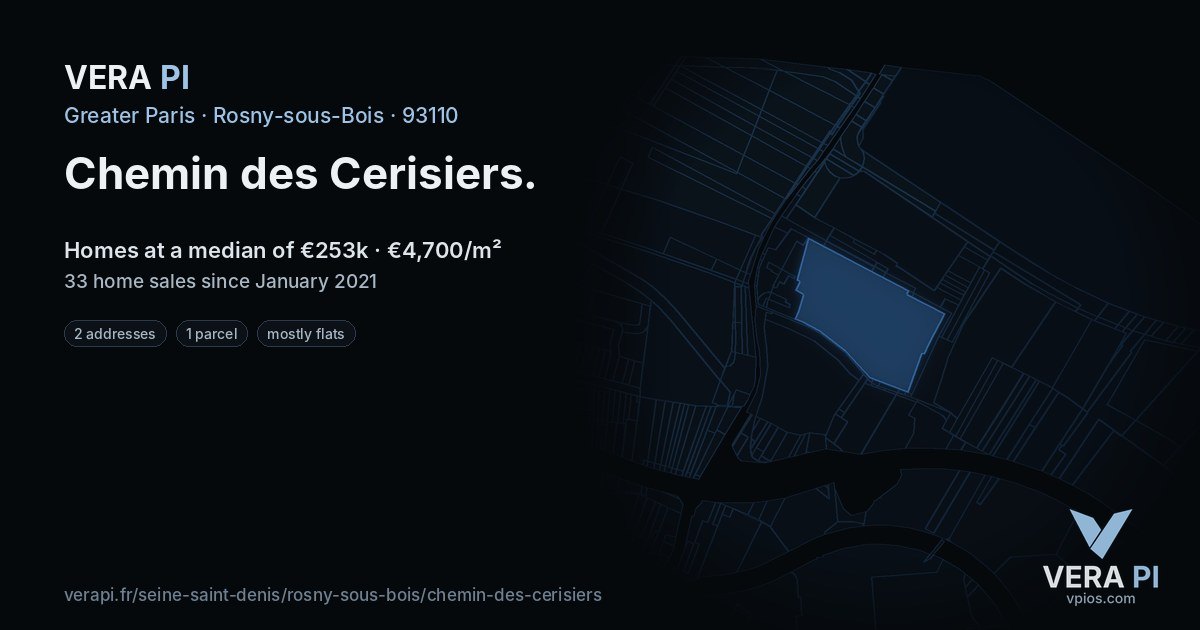 Chemin des Cerisiers, Rosny-sous-Bois at night – every parcel coloured by the prices around it, the street's own parcels lit