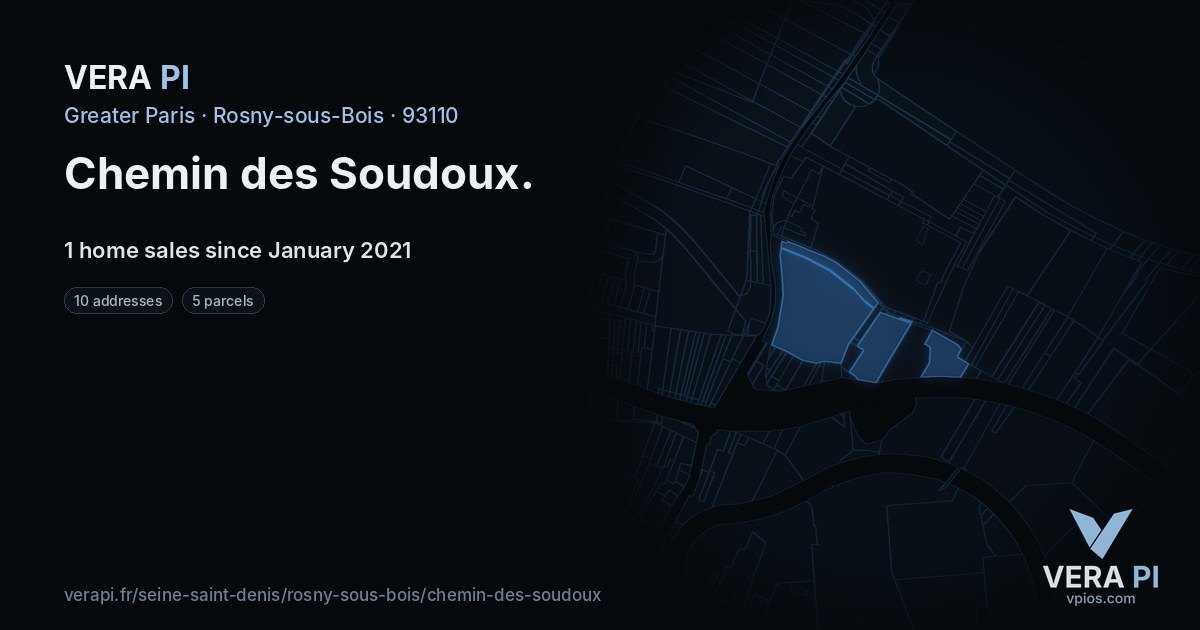 Chemin des Soudoux, Rosny-sous-Bois at night – every parcel coloured by the prices around it, the street's own parcels lit