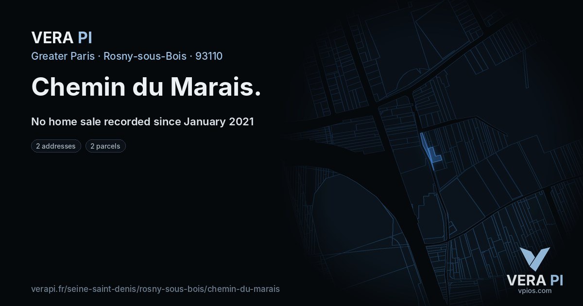 Chemin du Marais, Rosny-sous-Bois at night – every parcel coloured by the prices around it, the street's own parcels lit
