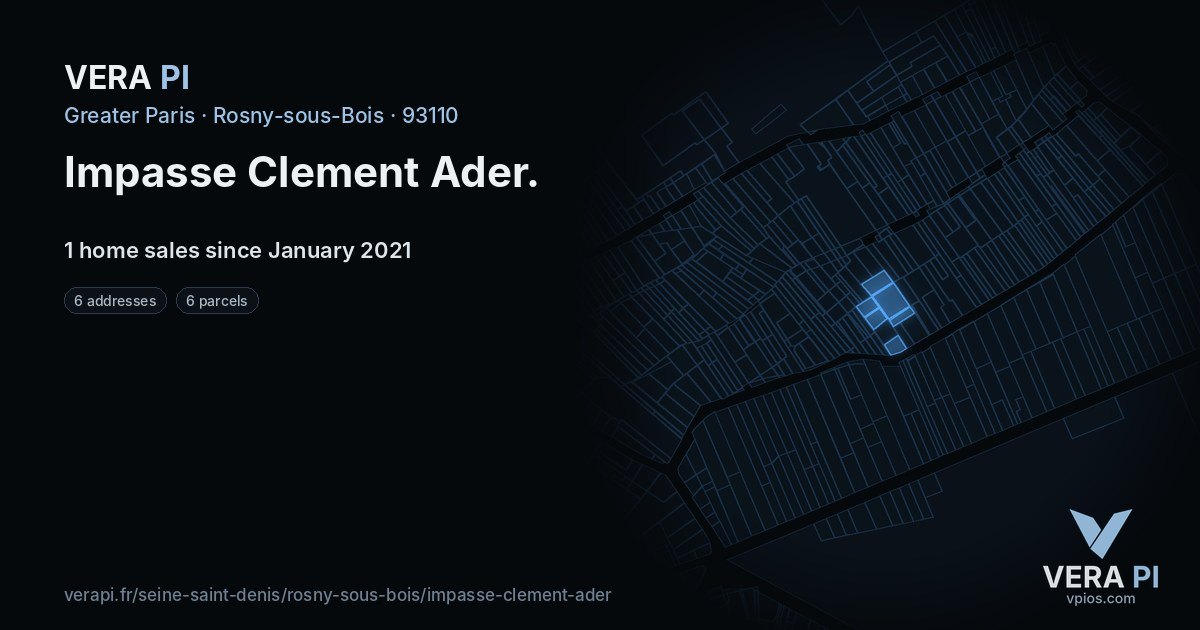 Impasse Clement Ader, Rosny-sous-Bois at night – every parcel coloured by the prices around it, the street's own parcels lit