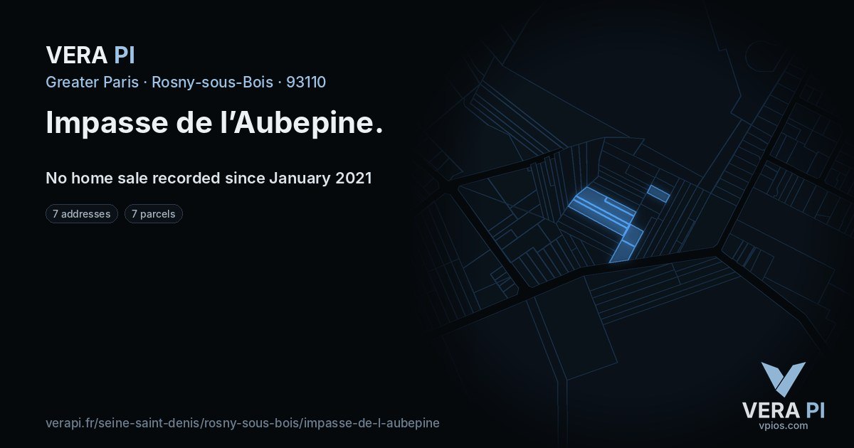 Impasse de l’Aubepine, Rosny-sous-Bois at night – every parcel coloured by the prices around it, the street's own parcels lit