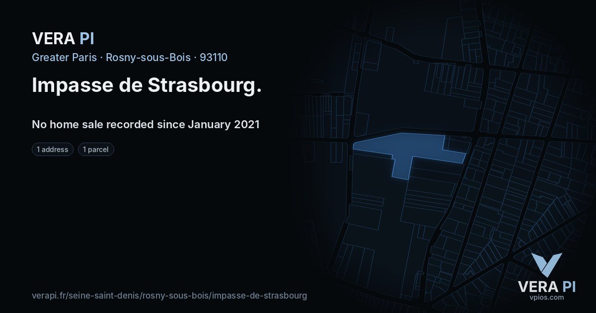 Impasse de Strasbourg, Rosny-sous-Bois at night – every parcel coloured by the prices around it, the street's own parcels lit