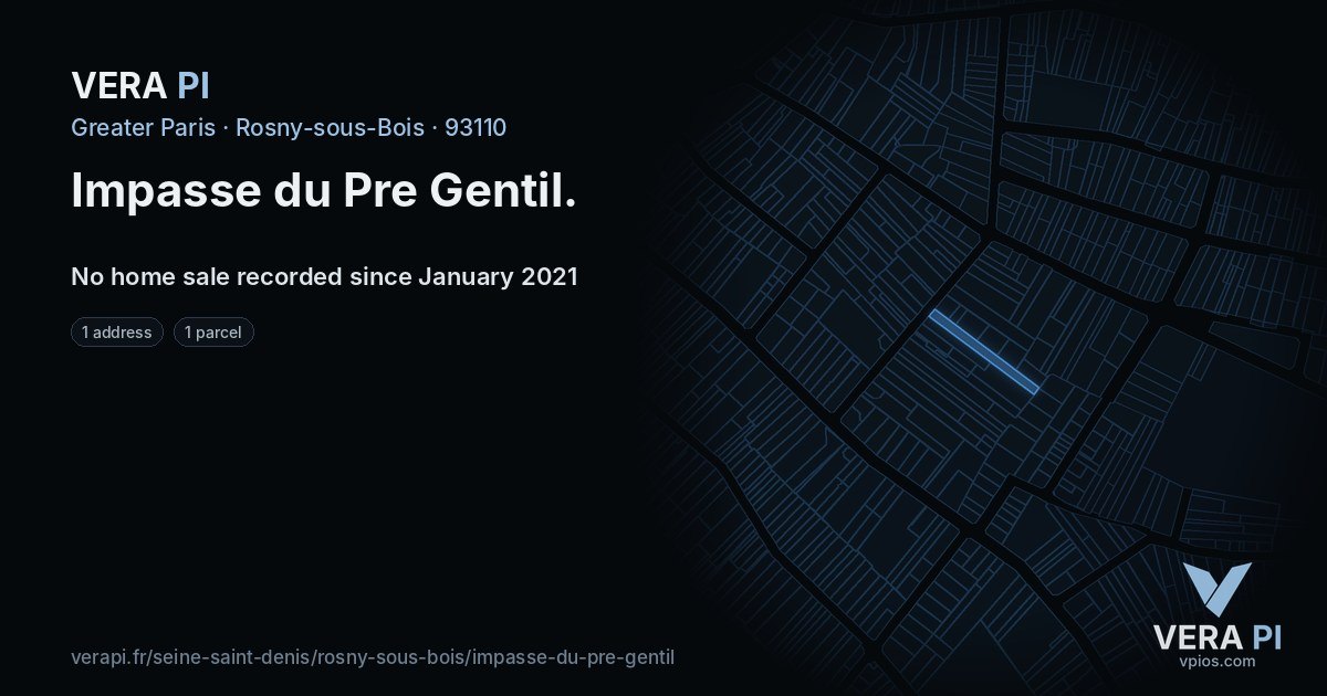 Impasse du Pre Gentil, Rosny-sous-Bois at night – every parcel coloured by the prices around it, the street's own parcels lit