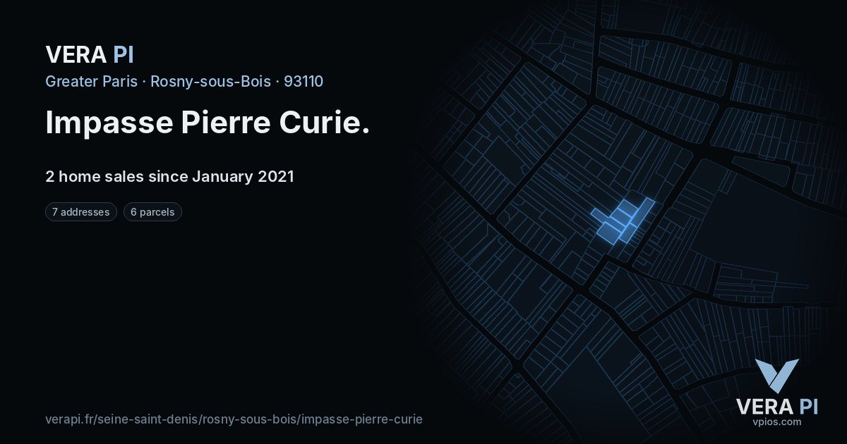 Impasse Pierre Curie, Rosny-sous-Bois at night – every parcel coloured by the prices around it, the street's own parcels lit