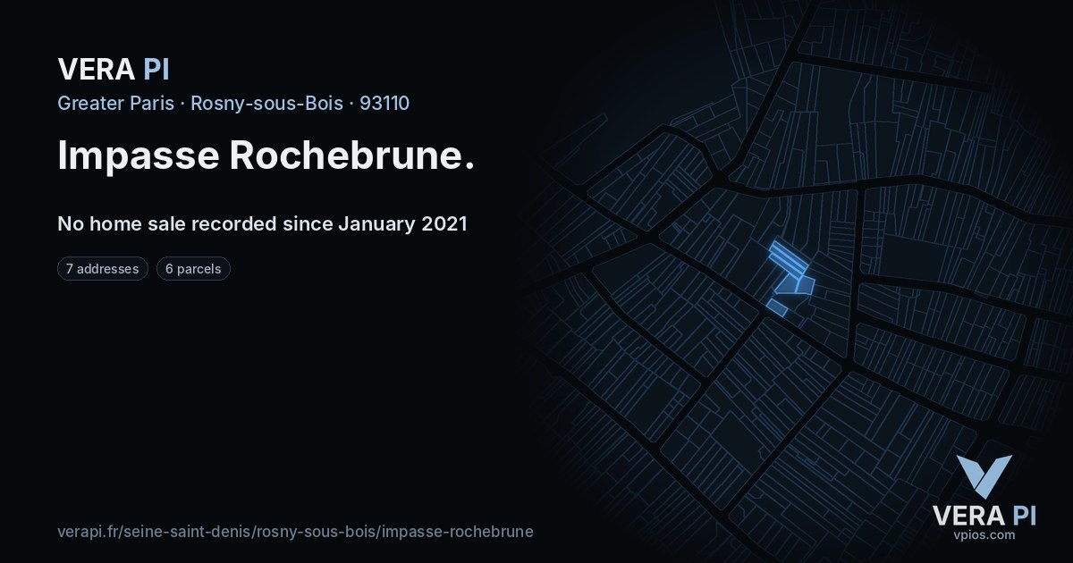 Impasse Rochebrune, Rosny-sous-Bois at night – every parcel coloured by the prices around it, the street's own parcels lit