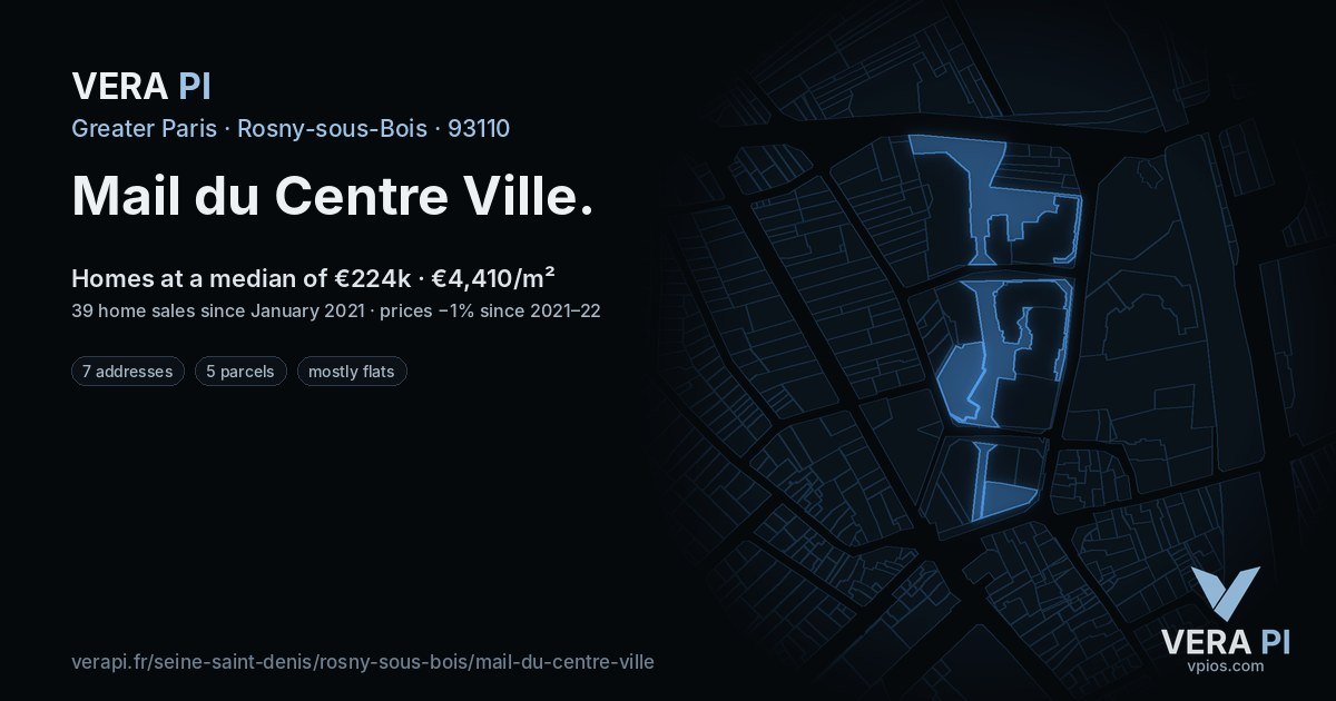 Mail du Centre Ville, Rosny-sous-Bois at night – every parcel coloured by the prices around it, the street's own parcels lit