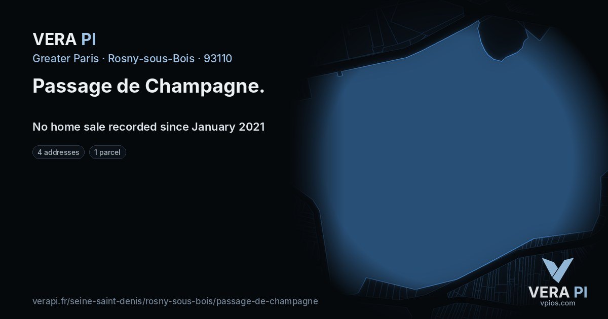 Passage de Champagne, Rosny-sous-Bois at night – every parcel coloured by the prices around it, the street's own parcels lit