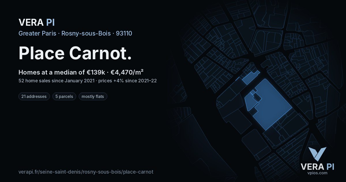 Place Carnot, Rosny-sous-Bois at night – every parcel coloured by the prices around it, the street's own parcels lit