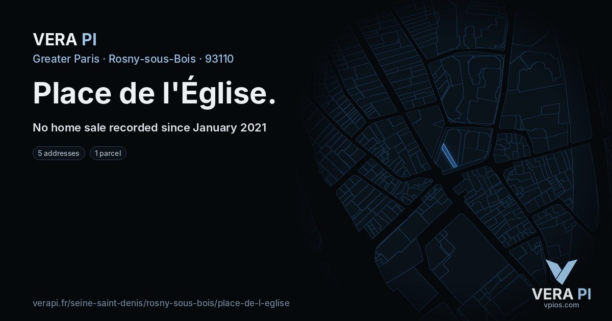 Place de l'Église, Rosny-sous-Bois at night – every parcel coloured by the prices around it, the street's own parcels lit