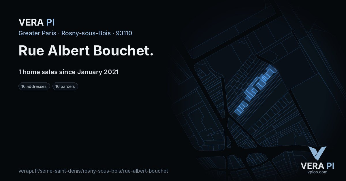 Rue Albert Bouchet, Rosny-sous-Bois at night – every parcel coloured by the prices around it, the street's own parcels lit