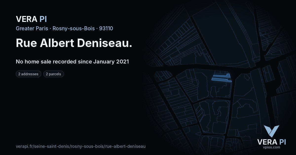 Rue Albert Deniseau, Rosny-sous-Bois at night – every parcel coloured by the prices around it, the street's own parcels lit