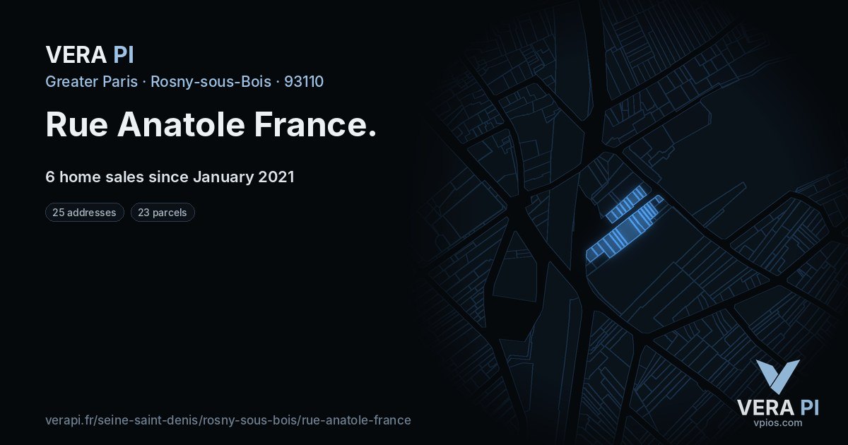 Rue Anatole France, Rosny-sous-Bois at night – every parcel coloured by the prices around it, the street's own parcels lit