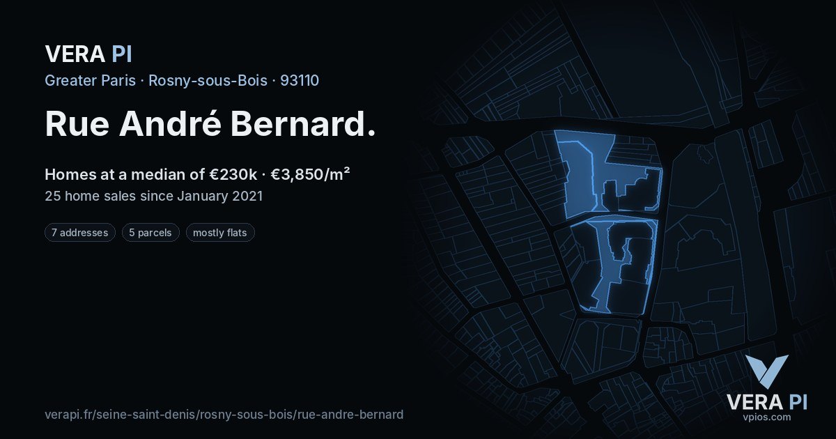 Rue André Bernard, Rosny-sous-Bois at night – every parcel coloured by the prices around it, the street's own parcels lit