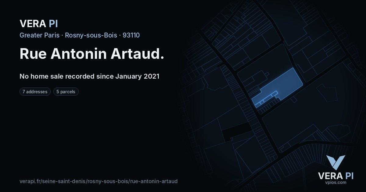 Rue Antonin Artaud, Rosny-sous-Bois at night – every parcel coloured by the prices around it, the street's own parcels lit