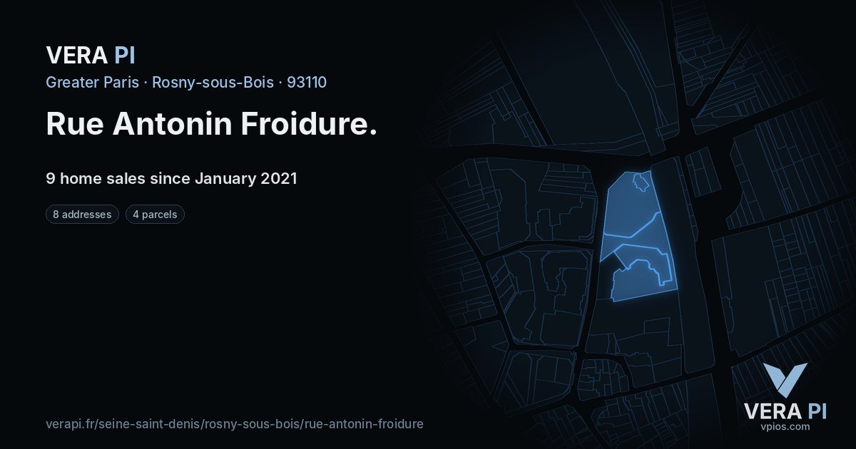 Rue Antonin Froidure, Rosny-sous-Bois at night – every parcel coloured by the prices around it, the street's own parcels lit