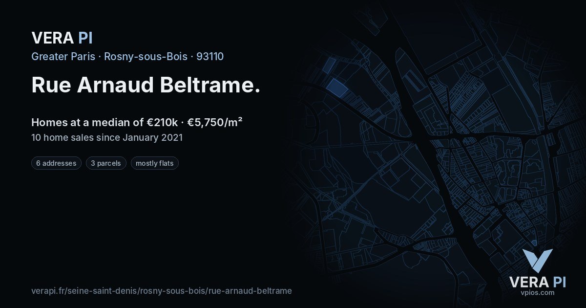 Rue Arnaud Beltrame, Rosny-sous-Bois at night – every parcel coloured by the prices around it, the street's own parcels lit