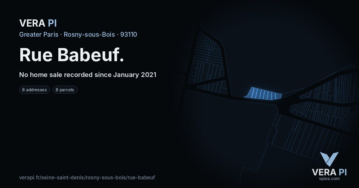 Rue Babeuf, Rosny-sous-Bois at night – every parcel coloured by the prices around it, the street's own parcels lit