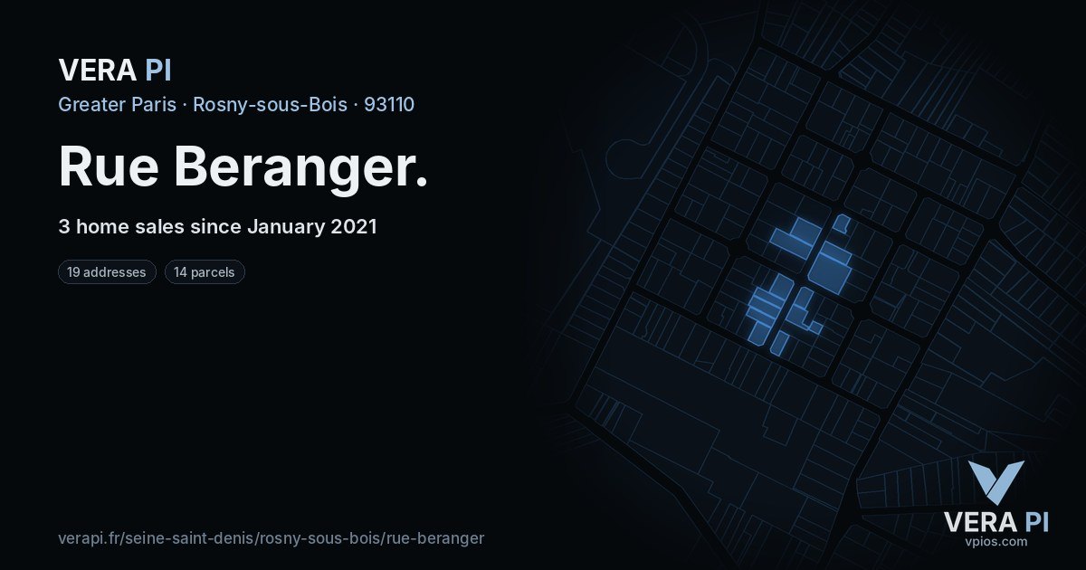 Rue Beranger, Rosny-sous-Bois at night – every parcel coloured by the prices around it, the street's own parcels lit
