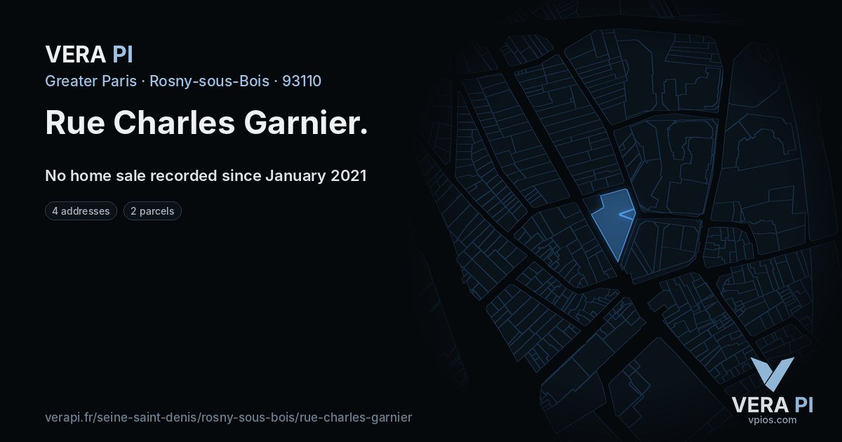 Rue Charles Garnier, Rosny-sous-Bois at night – every parcel coloured by the prices around it, the street's own parcels lit