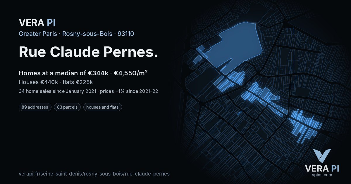 Rue Claude Pernes, Rosny-sous-Bois at night – every parcel coloured by the prices around it, the street's own parcels lit