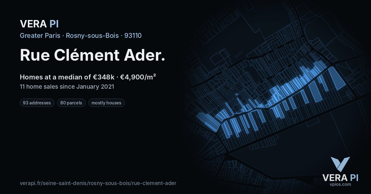 Rue Clément Ader, Rosny-sous-Bois at night – every parcel coloured by the prices around it, the street's own parcels lit