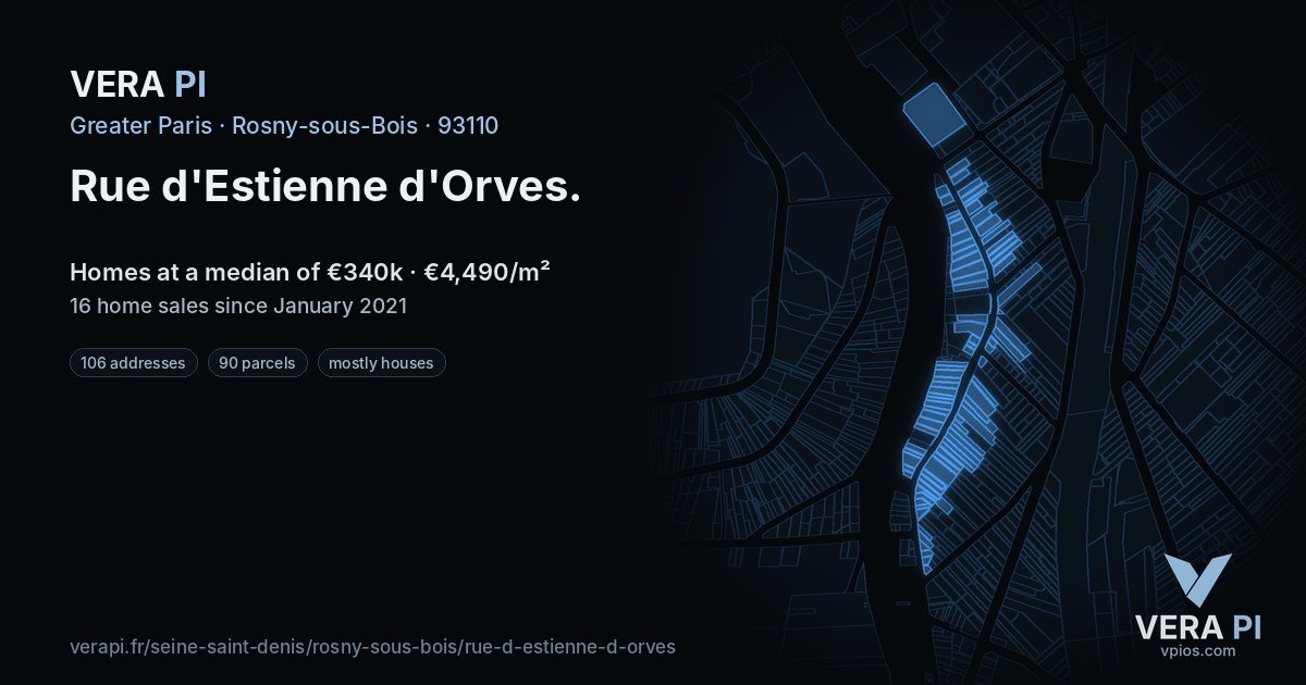 Rue d'Estienne d'Orves, Rosny-sous-Bois at night – every parcel coloured by the prices around it, the street's own parcels lit