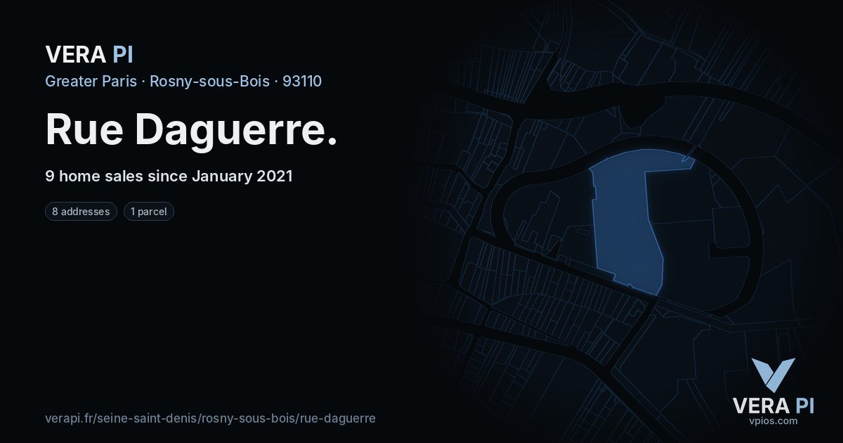 Rue Daguerre, Rosny-sous-Bois at night – every parcel coloured by the prices around it, the street's own parcels lit