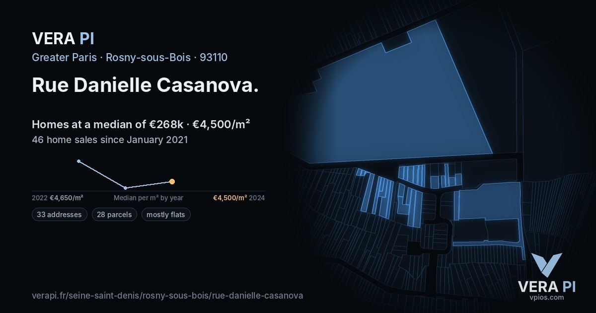 Rue Danielle Casanova, Rosny-sous-Bois at night – every parcel coloured by the prices around it, the street's own parcels lit