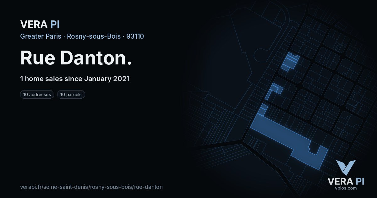 Rue Danton, Rosny-sous-Bois at night – every parcel coloured by the prices around it, the street's own parcels lit