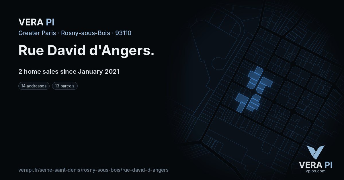 Rue David d'Angers, Rosny-sous-Bois at night – every parcel coloured by the prices around it, the street's own parcels lit
