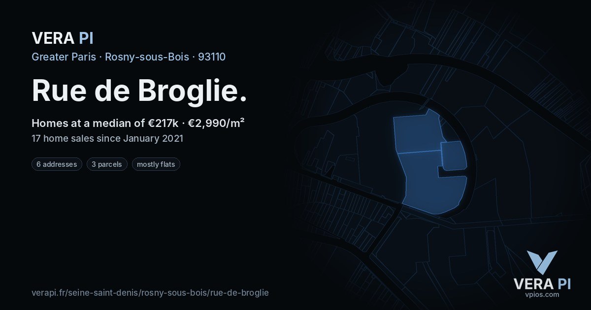Rue de Broglie, Rosny-sous-Bois at night – every parcel coloured by the prices around it, the street's own parcels lit