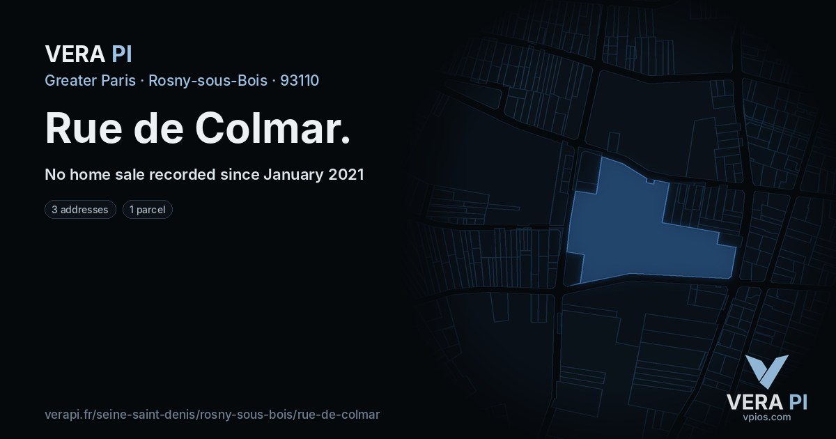 Rue de Colmar, Rosny-sous-Bois at night – every parcel coloured by the prices around it, the street's own parcels lit