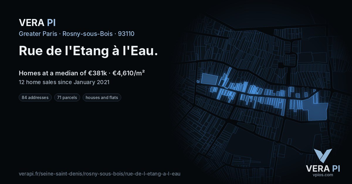 Rue de l'Etang à l'Eau, Rosny-sous-Bois at night – every parcel coloured by the prices around it, the street's own parcels lit