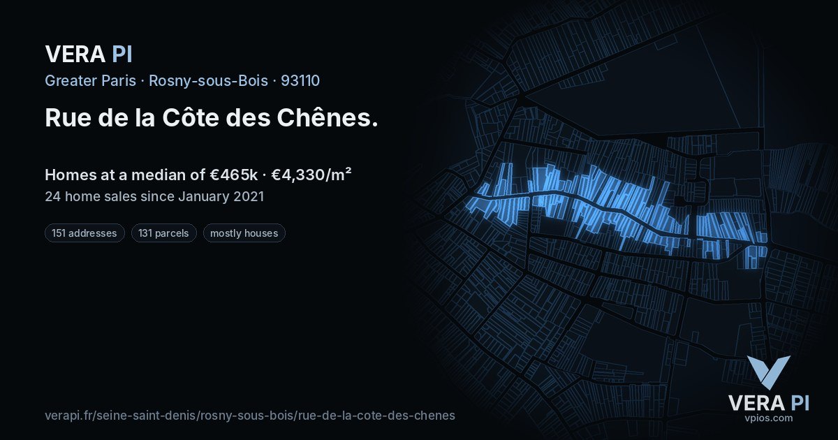 Rue de la Côte des Chênes, Rosny-sous-Bois at night – every parcel coloured by the prices around it, the street's own parcels lit