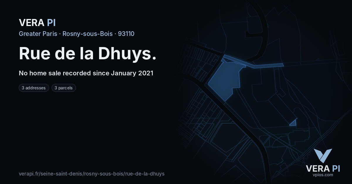 Rue de la Dhuys, Rosny-sous-Bois at night – every parcel coloured by the prices around it, the street's own parcels lit