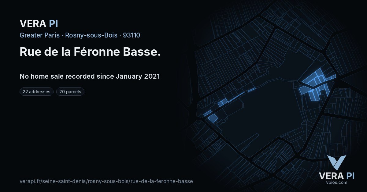 Rue de la Féronne Basse, Rosny-sous-Bois at night – every parcel coloured by the prices around it, the street's own parcels lit