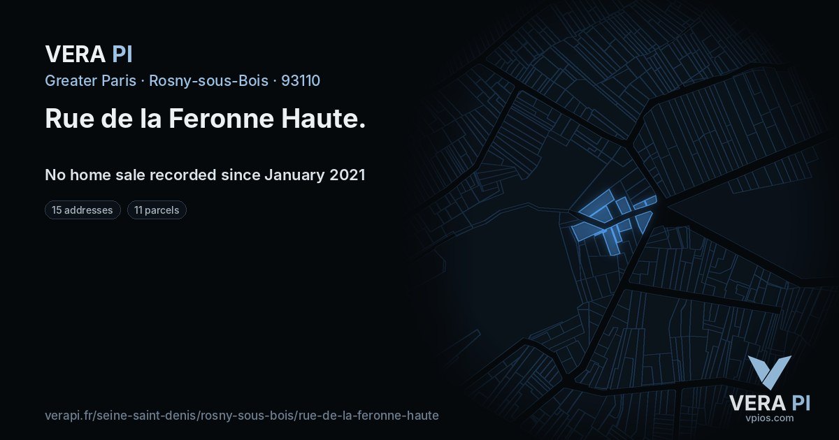 Rue de la Feronne Haute, Rosny-sous-Bois at night – every parcel coloured by the prices around it, the street's own parcels lit