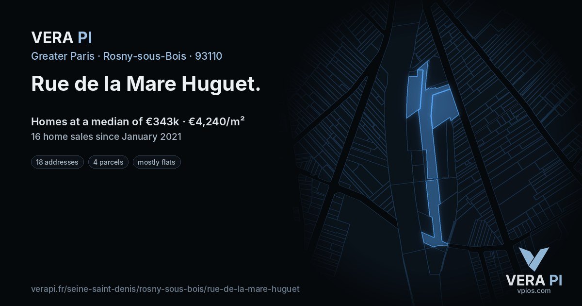 Rue de la Mare Huguet, Rosny-sous-Bois at night – every parcel coloured by the prices around it, the street's own parcels lit