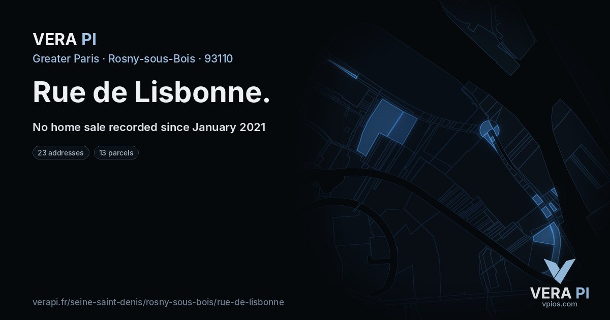 Rue de Lisbonne, Rosny-sous-Bois at night – every parcel coloured by the prices around it, the street's own parcels lit