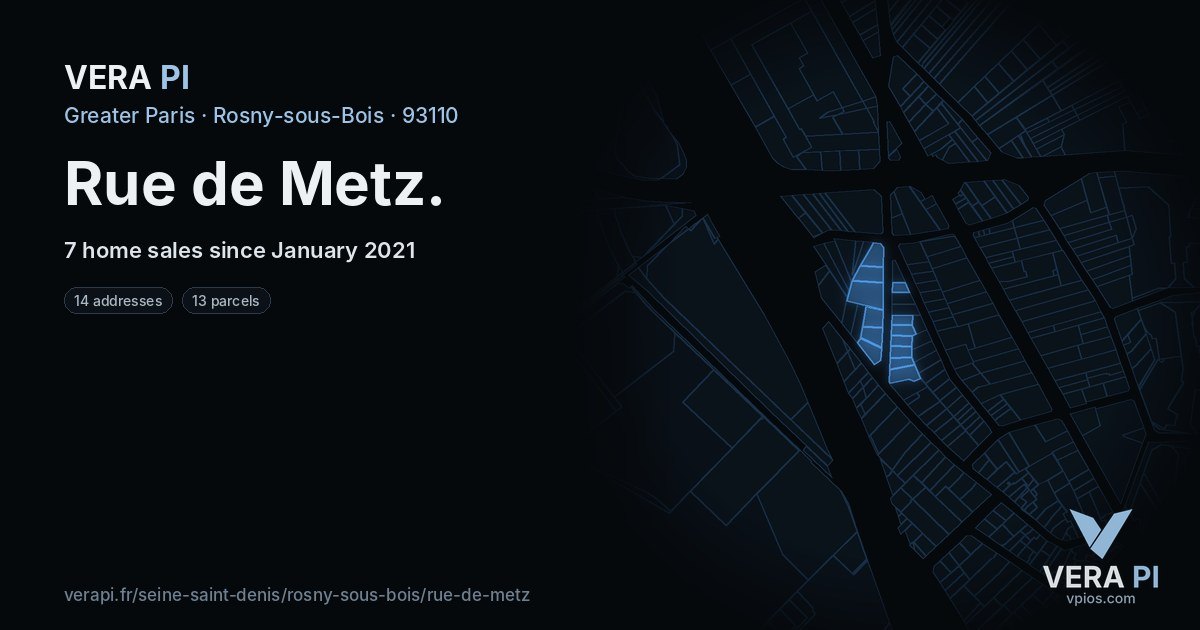 Rue de Metz, Rosny-sous-Bois at night – every parcel coloured by the prices around it, the street's own parcels lit