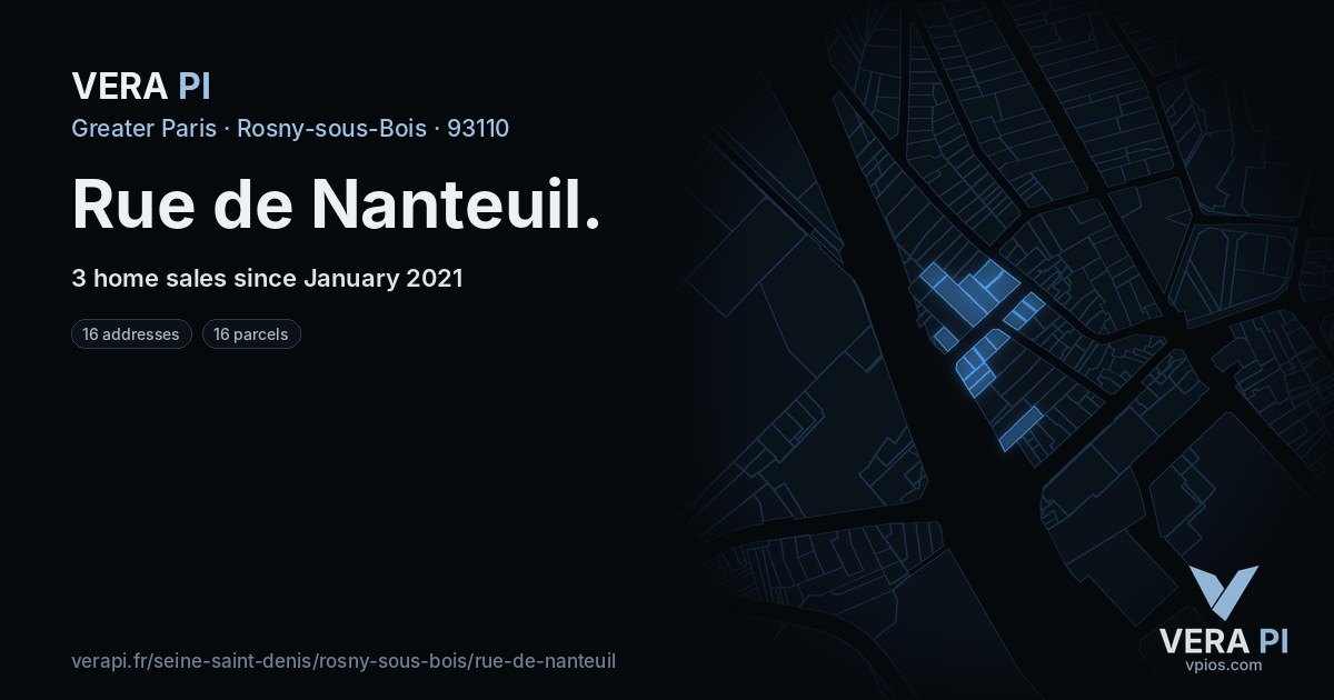 Rue de Nanteuil, Rosny-sous-Bois at night – every parcel coloured by the prices around it, the street's own parcels lit