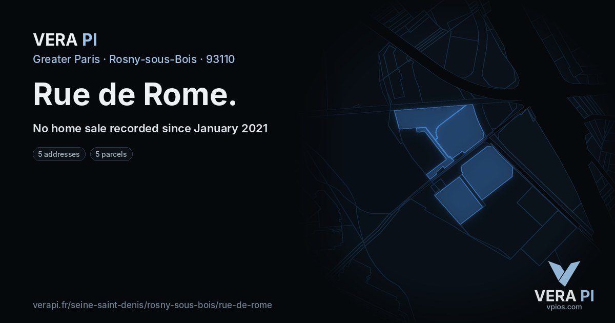 Rue de Rome, Rosny-sous-Bois at night – every parcel coloured by the prices around it, the street's own parcels lit