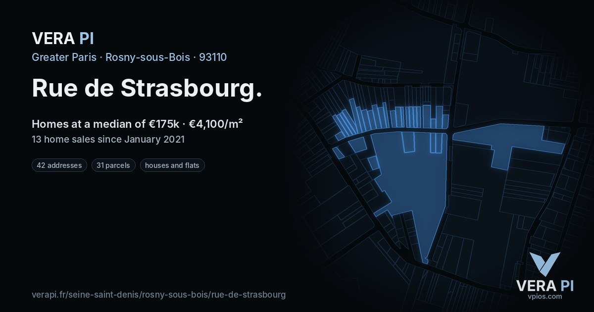 Rue de Strasbourg, Rosny-sous-Bois at night – every parcel coloured by the prices around it, the street's own parcels lit