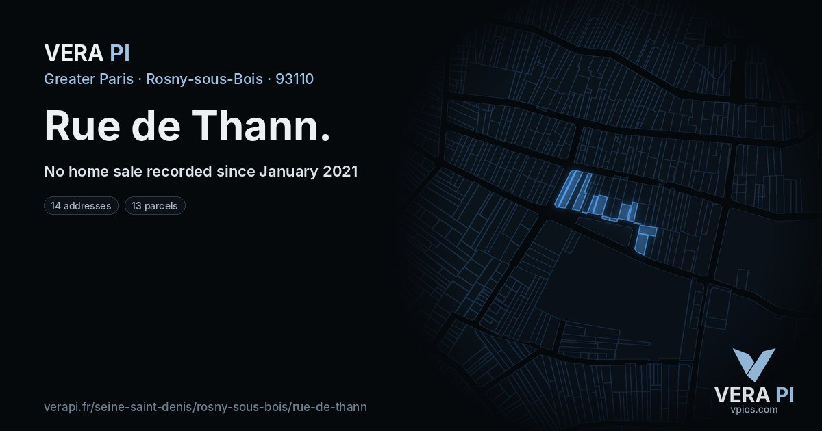 Rue de Thann, Rosny-sous-Bois at night – every parcel coloured by the prices around it, the street's own parcels lit