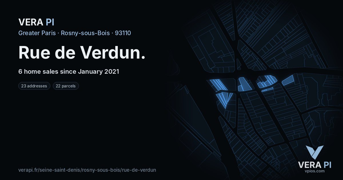 Rue de Verdun, Rosny-sous-Bois at night – every parcel coloured by the prices around it, the street's own parcels lit