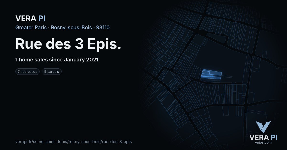Rue des 3 Epis, Rosny-sous-Bois at night – every parcel coloured by the prices around it, the street's own parcels lit