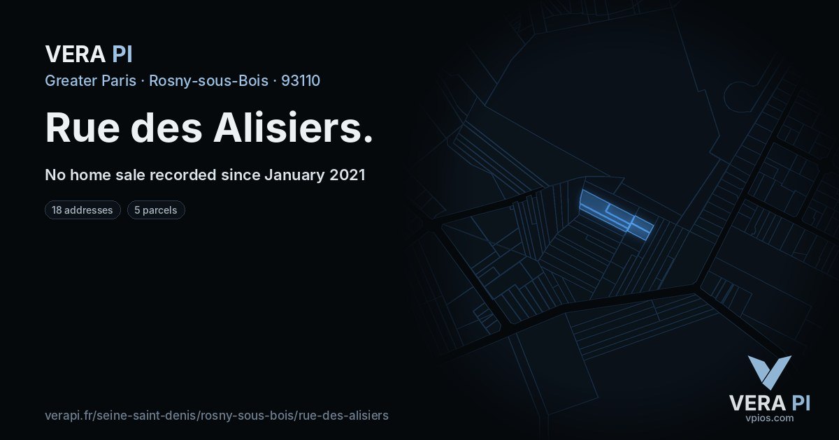 Rue des Alisiers, Rosny-sous-Bois at night – every parcel coloured by the prices around it, the street's own parcels lit