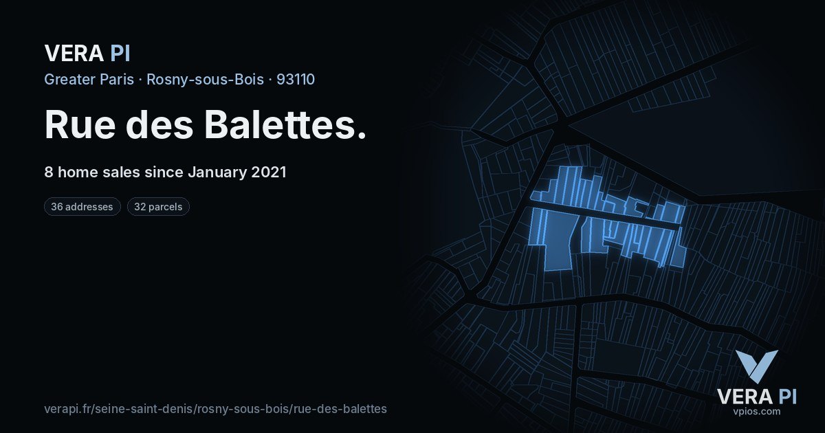 Rue des Balettes, Rosny-sous-Bois at night – every parcel coloured by the prices around it, the street's own parcels lit