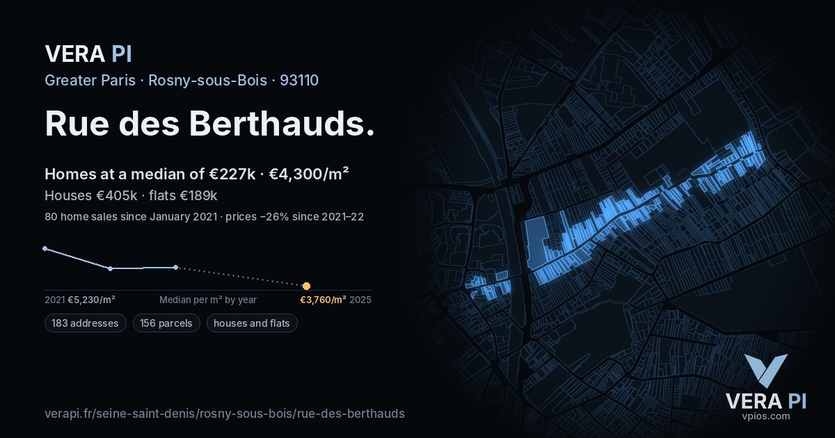 Rue des Berthauds, Rosny-sous-Bois at night – every parcel coloured by the prices around it, the street's own parcels lit